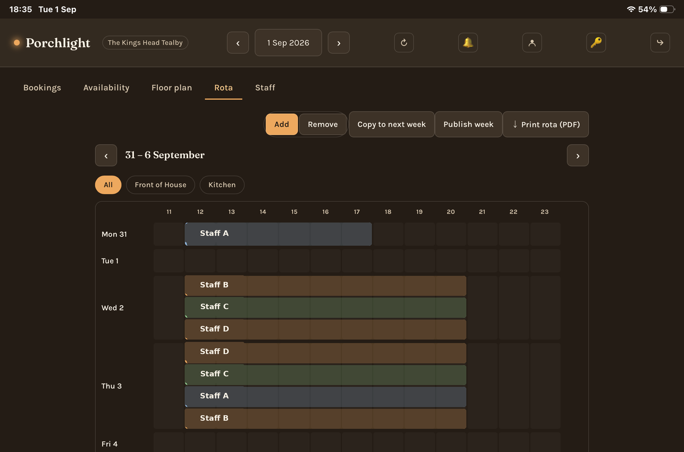 Porchlight rota builder showing a week's shifts across Front of House and Kitchen staff